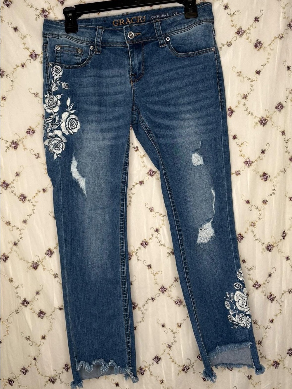Grace Blue Straight-Leg Jeans with White Floral Embroidery
